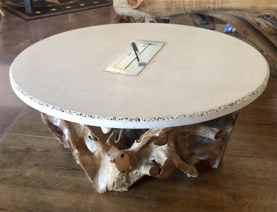 Concrete Success Story round coffee concrete table with driftwood base