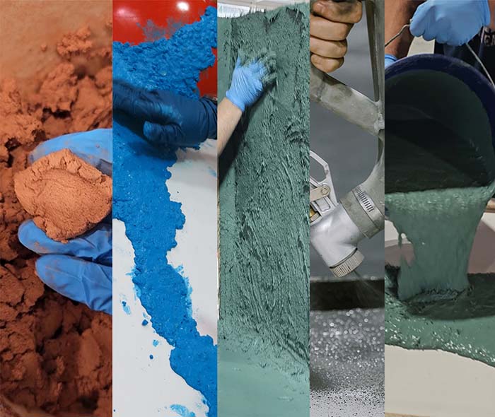 collage of 5 different concrete consistencies achieved with varying levels of superplasticizer